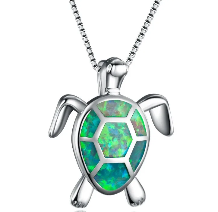Ожерелье с кулоном в виде черепахи, морские животные, ожерелье с белым огненным опалом, ювелирные изделия, подарки (синий)