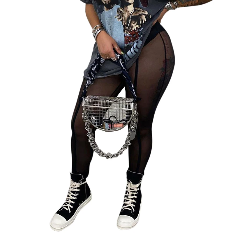 European and American fashion new sexy perspective mesh breathable pencil pants high waist hip slim sportswear pants