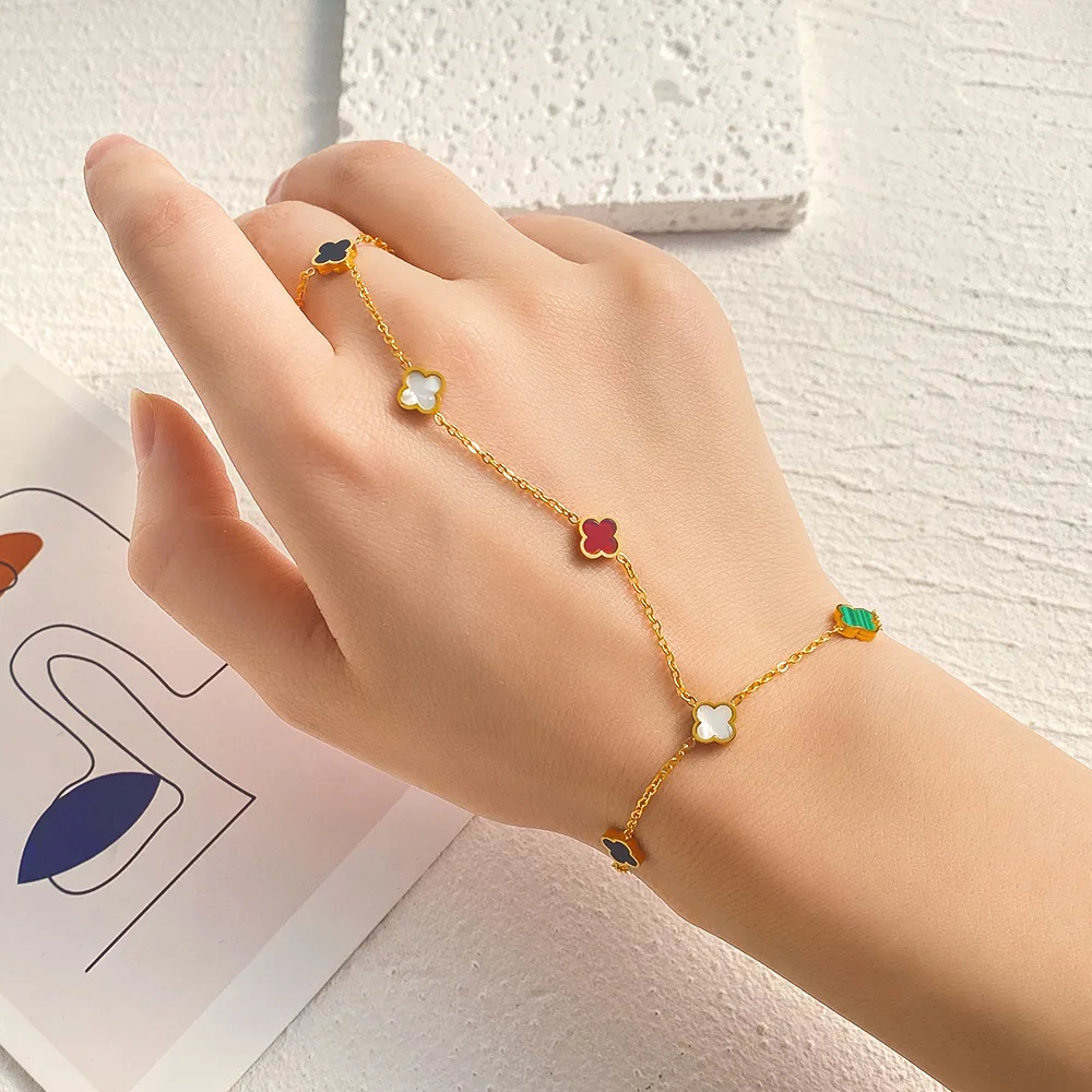 New Four Leaf Clover Natural Stone Tarnish Free Stainless Steel Clover Hand Harness Gold Slave Bracelet With Finger Ring