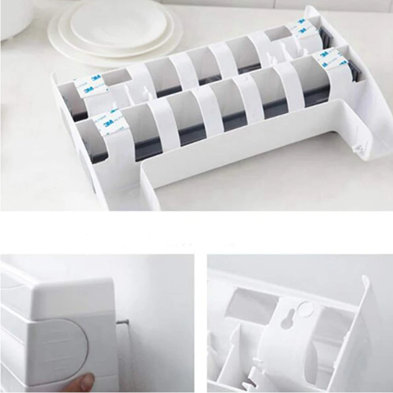3 In 1 Plastic Wall-Mounted Kitchen Paper Towel Holder Spice Rack Cling Film Wrap Foil Dispenser With Cutter
