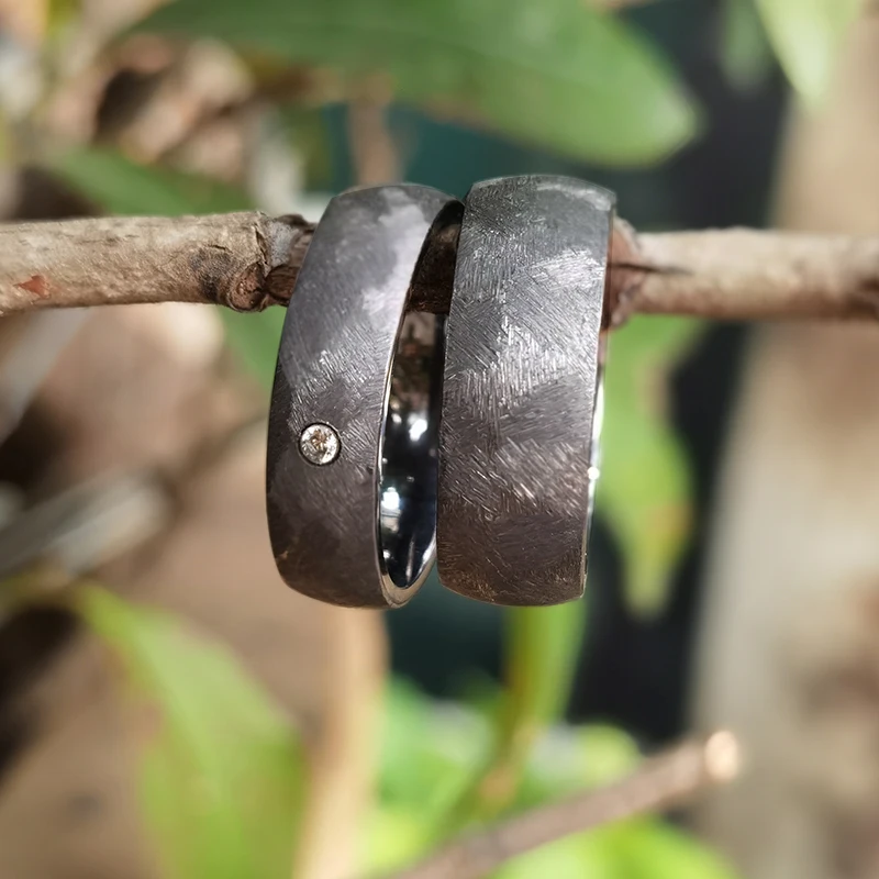 Contemporary rare metal tantalum rings hypo allergic mix brushed dome tantalum wedding ring sets