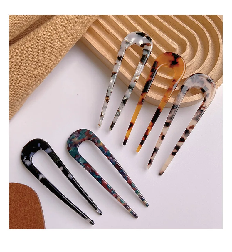 Cellulose Acetate Tortoise Shell U Shaped Designer French Hairpins Vintage Leopard Tortoiseshell Acetate Hair Stick Fork