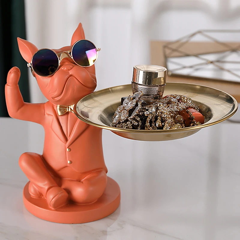Cool Dog statue with tray French Bulldog Piggy bank Figurine Candy Fruit Plate Home Decoration Table Living Room Decor Money Box
