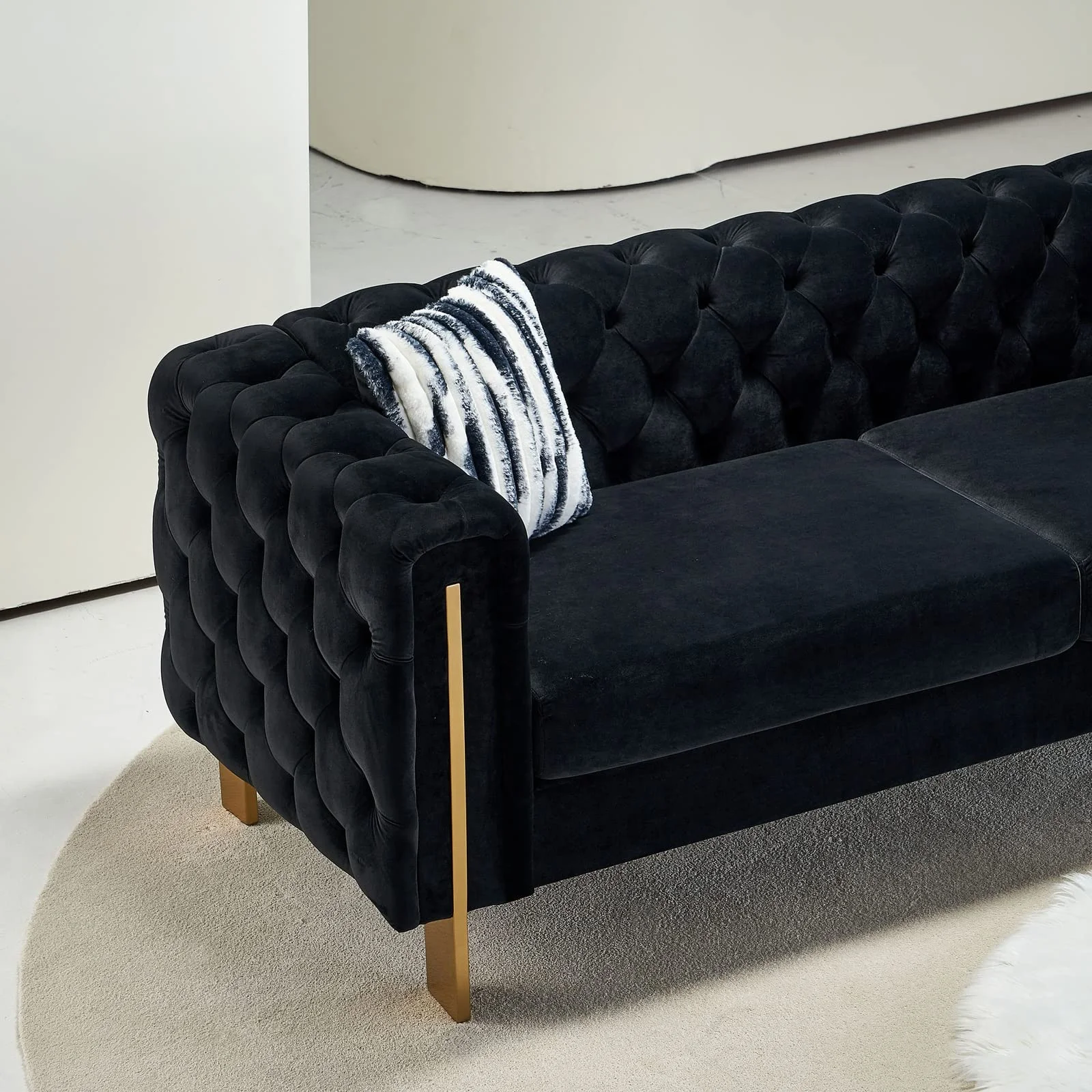 Velvet Couches for Living Room Chesterfield Sofa 3-Seater Comfy Sofas Upholstered Living Room Sofa Black