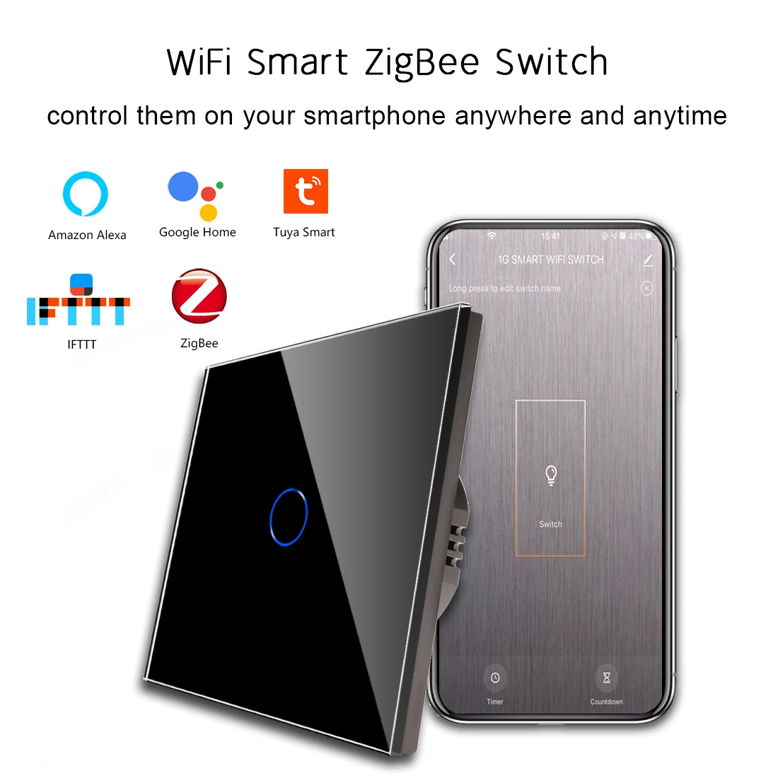 Bingoelec  home appliances  Zigbee 1gang smart switch no neutral and capacitor wall touch  electrical light switch