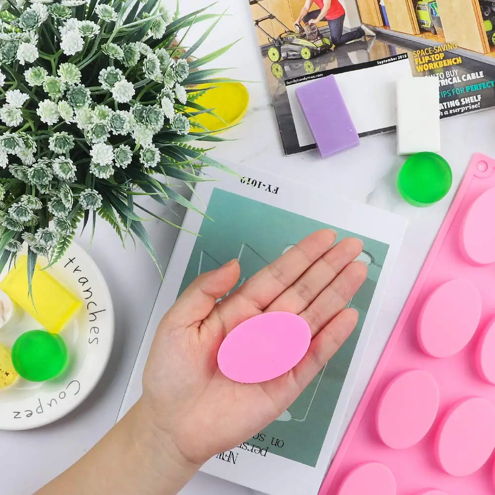 100% BPA Free Silicone Soap Molds, Round Rectangle Oval Soap Molds for Handmade Soap Candy Chocolate Cake with Sealed Bags, Pink
