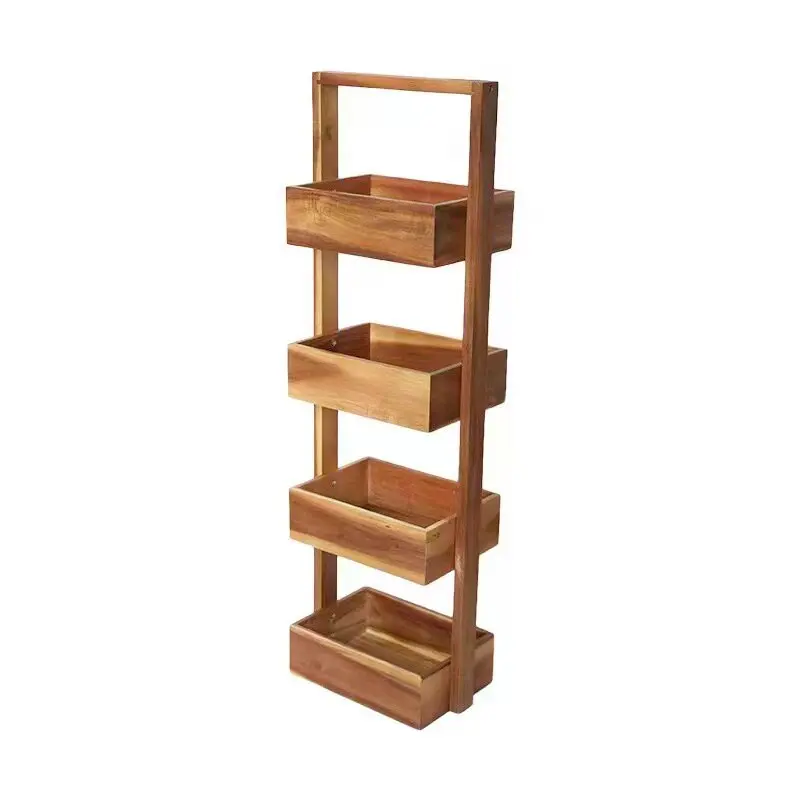 4-Tiers Floor Standing  Multifunctional Acacia Wood Household Storage Box Rack Bathroom Toiletries Storage Rack
