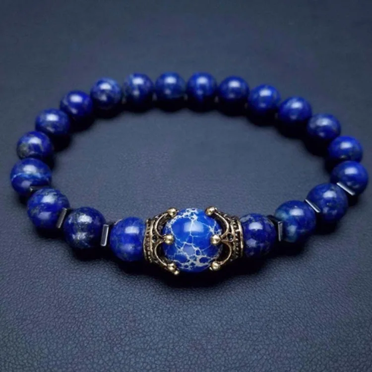 Wholesale Fashion Crown Natural Stone Beads Tiger eye Lava Lapis Charm Bracelets For Men Can be customized