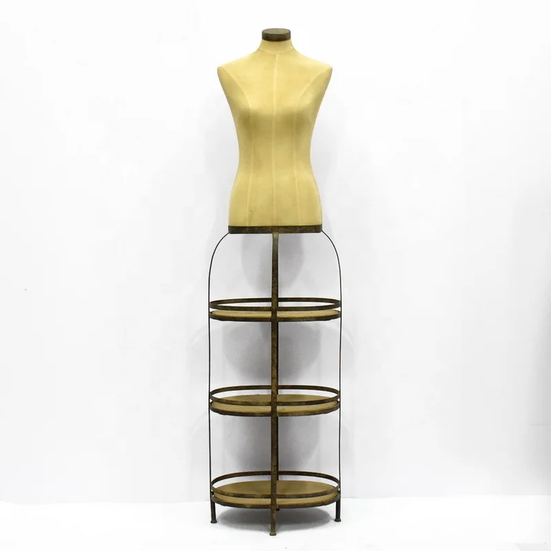Luckywind Vintage Rustic fabric Plastic Wood Display Body Dress Form Female Mannequin With 3 tier Shelf