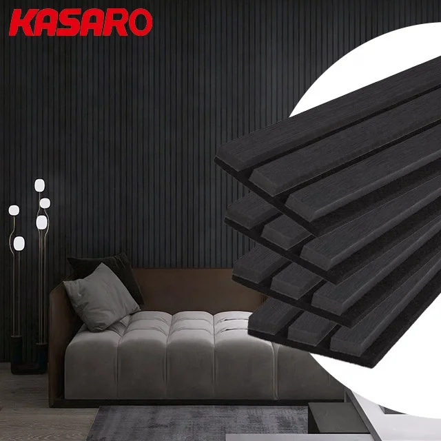 KASARO 2400*600mm Black Soundproof Panel 3D Grille design soundproof wooden slatted Wall Panels and Boards for hotel