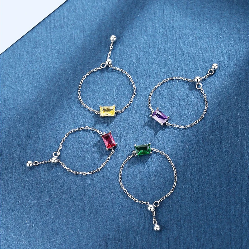 New design gold plated 925 sterling silver birthstone colorful zircon adjustable fine engagement chain ring for women wedding