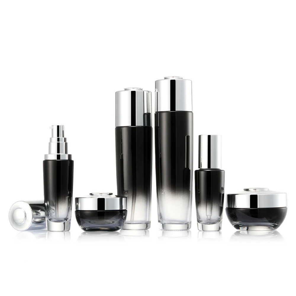 Оптовая продажа уникальный дизайн серебристый набор для ухода за кожей пустая стеклянная бутылка упаковка роскошных косметических бутылок