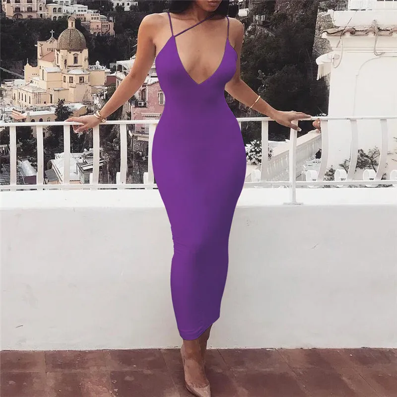 Women V-neck Halter Strap Long Dress Solid Color Tight Girl Night Dress