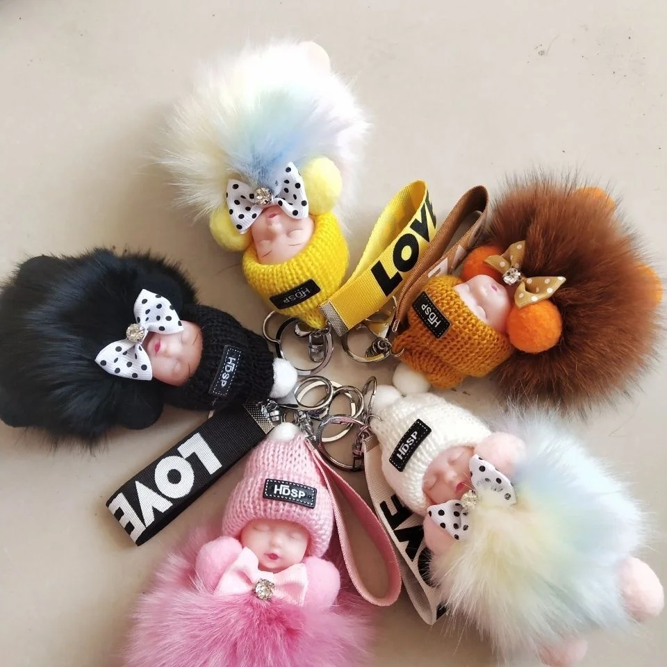 Hot Selling Kawaii Sleeping Baby Doll Keychain Plush Doll Rabbit Fur Keychain Handbag Pendant Christmas Gifts Plush Keychain