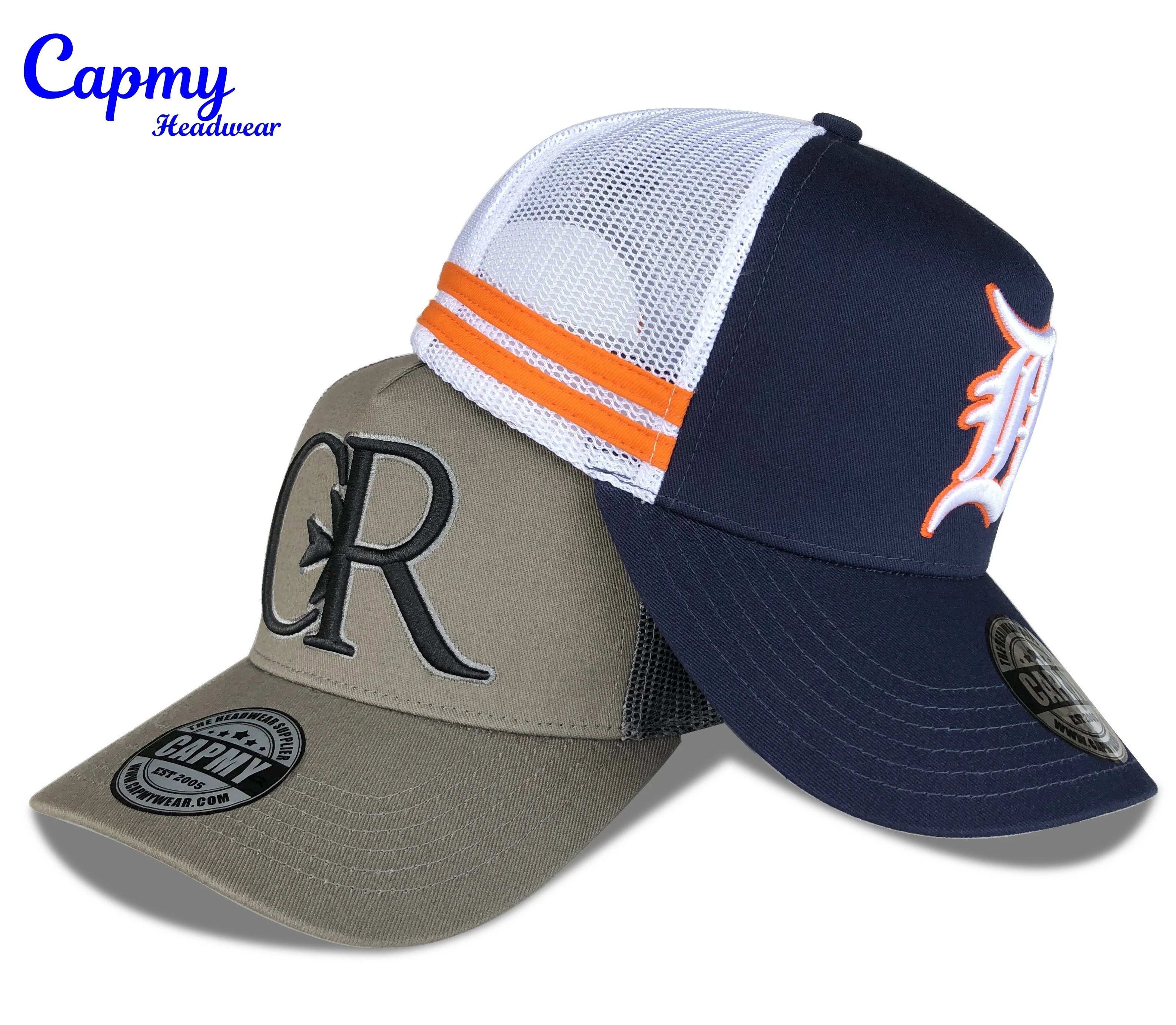 Customised Australia High Profile Embroidery Blue Logo Blue Mesh Trucker Cap Hat 5 Panel Country Trucker Cap With Side 2 Stripe