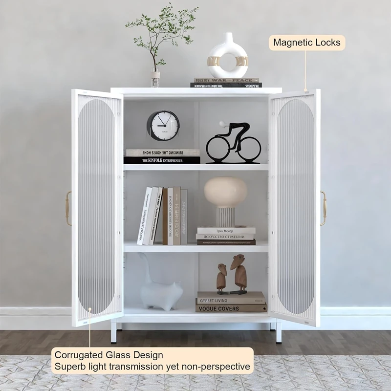 White 2 arched glass door living room kitchen metal sideboard storage cabinet with adjustable shelf