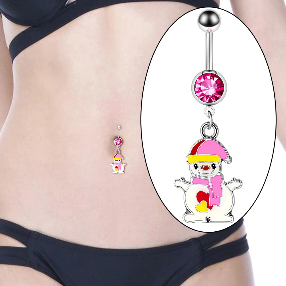 Custom Women Sexy 14G Crystal 316L Surgical Steel Snowman Christmas Tree Dangle Navel Ring
