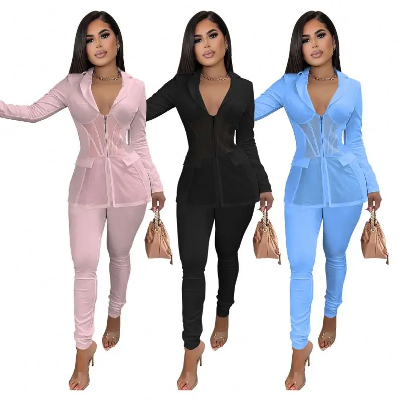 Sexy 2 Piece Outfits for Women Mesh Patchwork Solid Blazer With Long Formal Pants Elegant Business Suit Sets