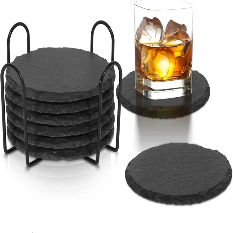 Factory Custom Slate Coasters Logo Slate Coasters 4x4 Bluk Round Black Slate Drink Coasters Cup Mat