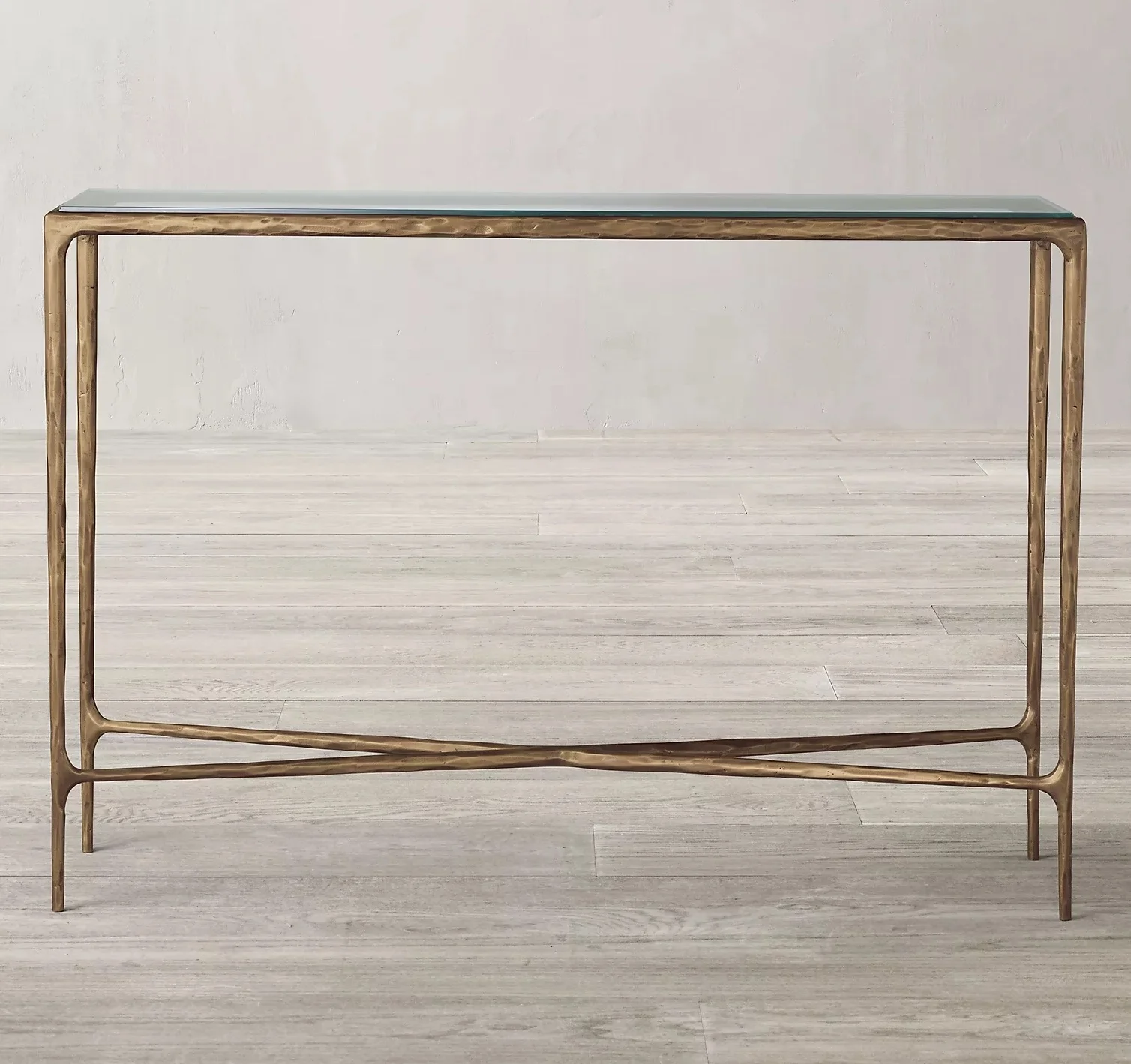 High-end custom hand forged brass base clear tempered glass marble tabletop console table luxury handmade thaddeus console table