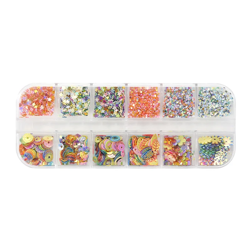 High Quality Fashion Manicure Accessories DIY Flower Leaves Sequins Flat Bottom Star Dots 12 Grid Long Box Set