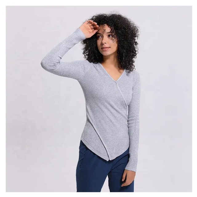 
Women Long Sleeves Sports Tracksuit Skinny V Neck Woolen T Shirt Winter T Shirt With Custom Logo 