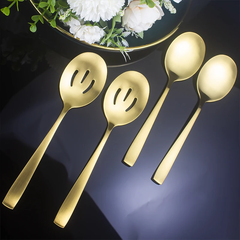 Matte Stainless Steel Serving Spoon Fork Knife Cutlery Set Gold Catering Restaurant Buffet Serving Utensils
