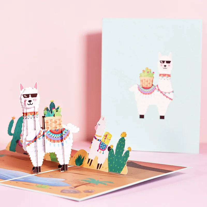Настраиваемый роскошный Alpaca старомодный принтер 3D Pop Up Paper Festival поздравительная открытка с конвертом