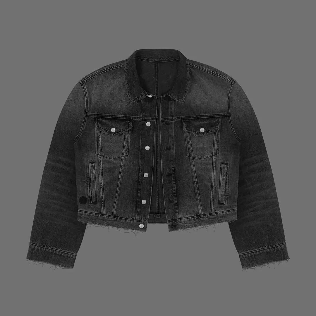 Custom Men Women Vintage Black Washed  Frayed Hem Acid Wash Plain Oversized Baggy Denim Jacket Cropped Denim Jacket Unisex