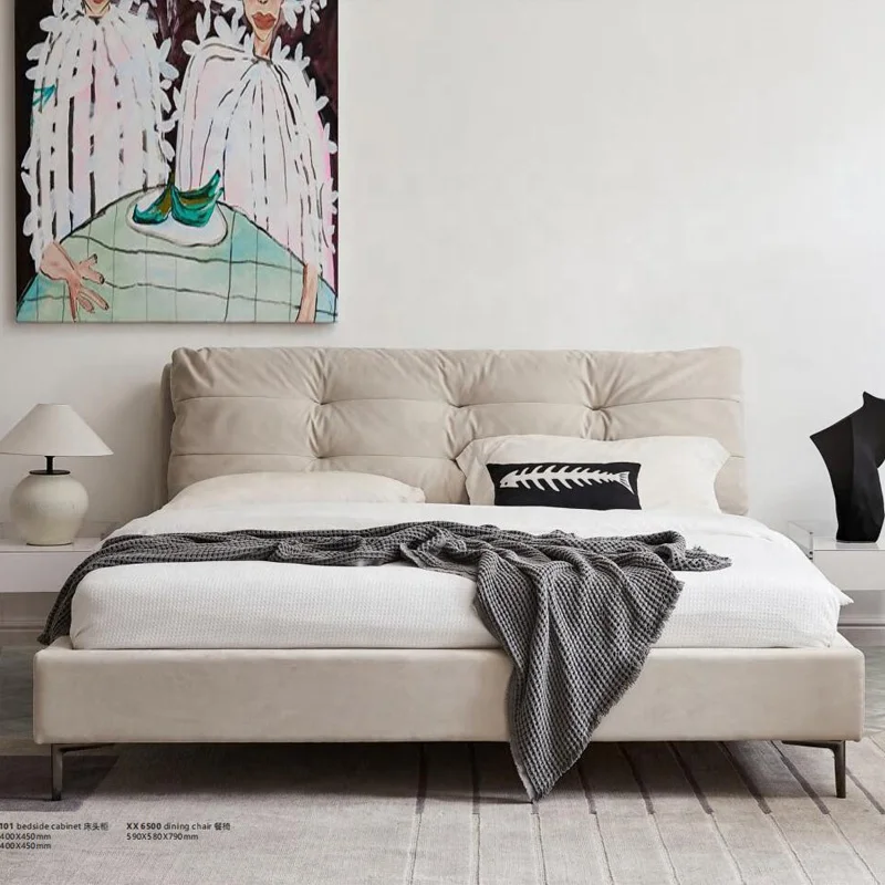 Luxurious Italian style modern simple bedroom furniture 1.8m frosted cloth art bed
