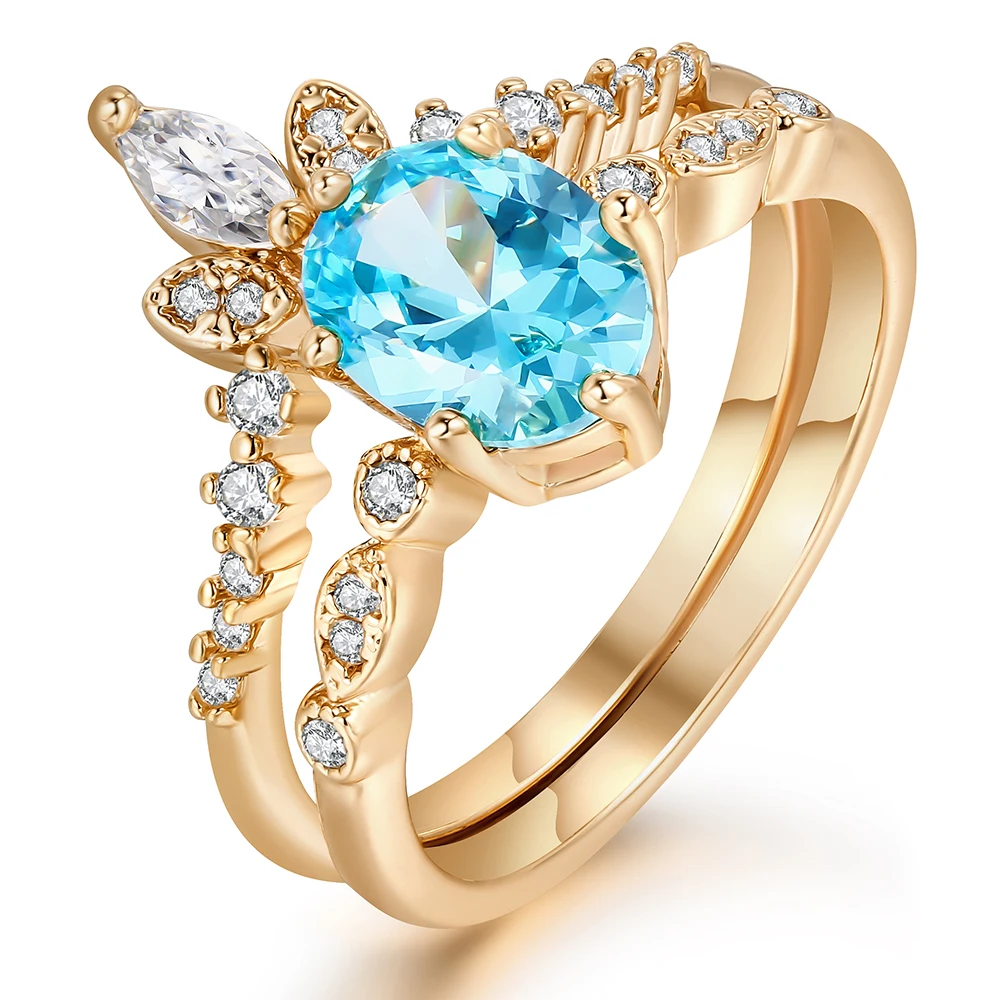 ZHEFAN Custom Design Ring Crystal Natural Aquamarine Luxurious Wedding Ring Gemstone Wedding Rings Couple Set