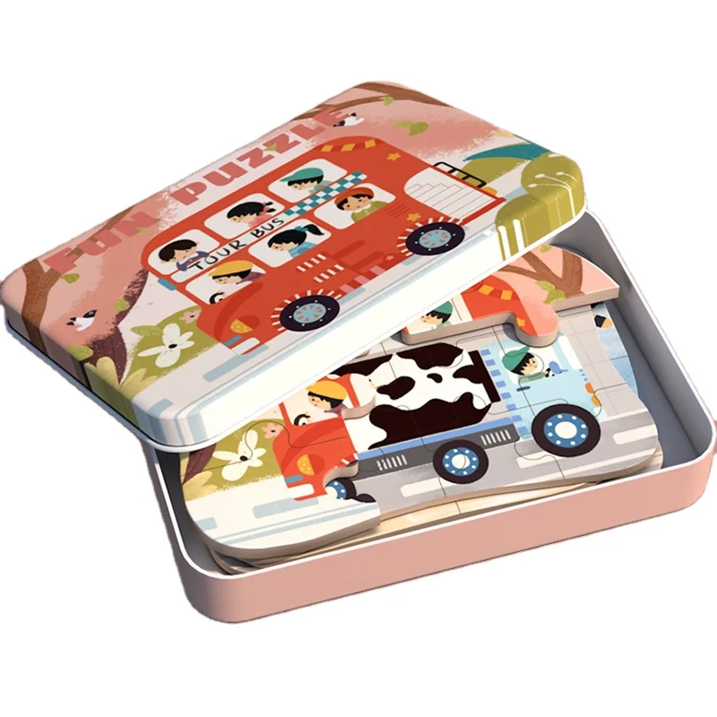 KS Montessori Education 5 in 1 Cartoon Animal Dinosaurs Vehicles Vegetables Children Jigsaw Puzzles Set With Iron Storage Box