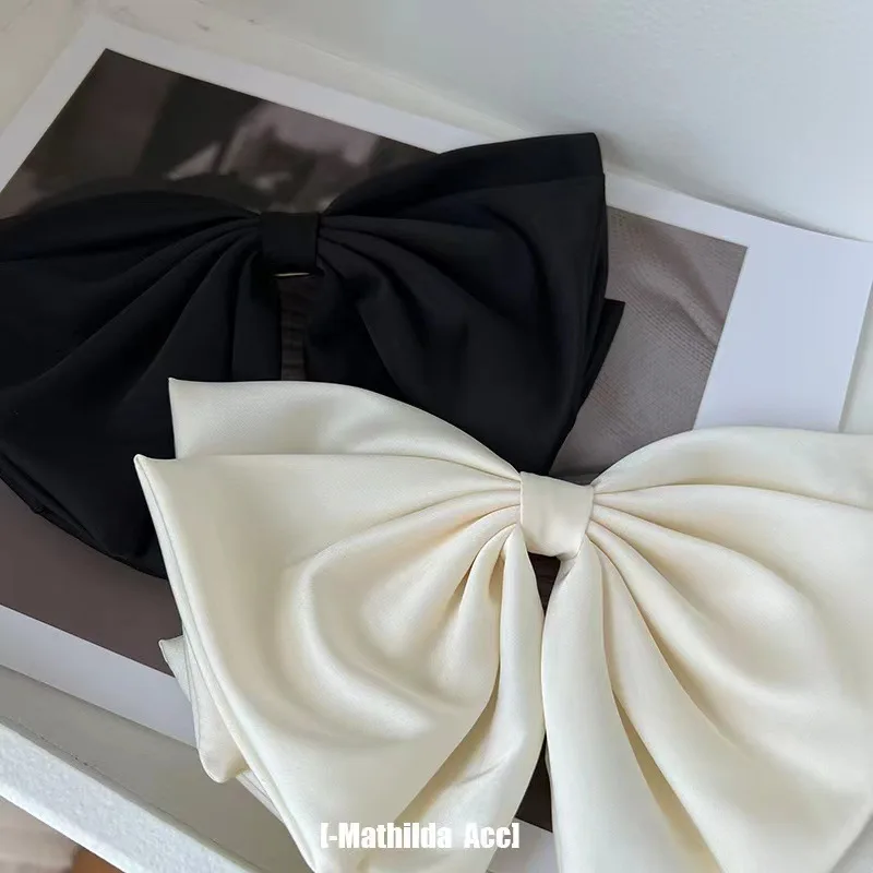 Women French Vintage Large Bow Satin Hair Clip Girls Party Wedding Bowknot Hairpin Elegant Double Spring Clip Hairpins