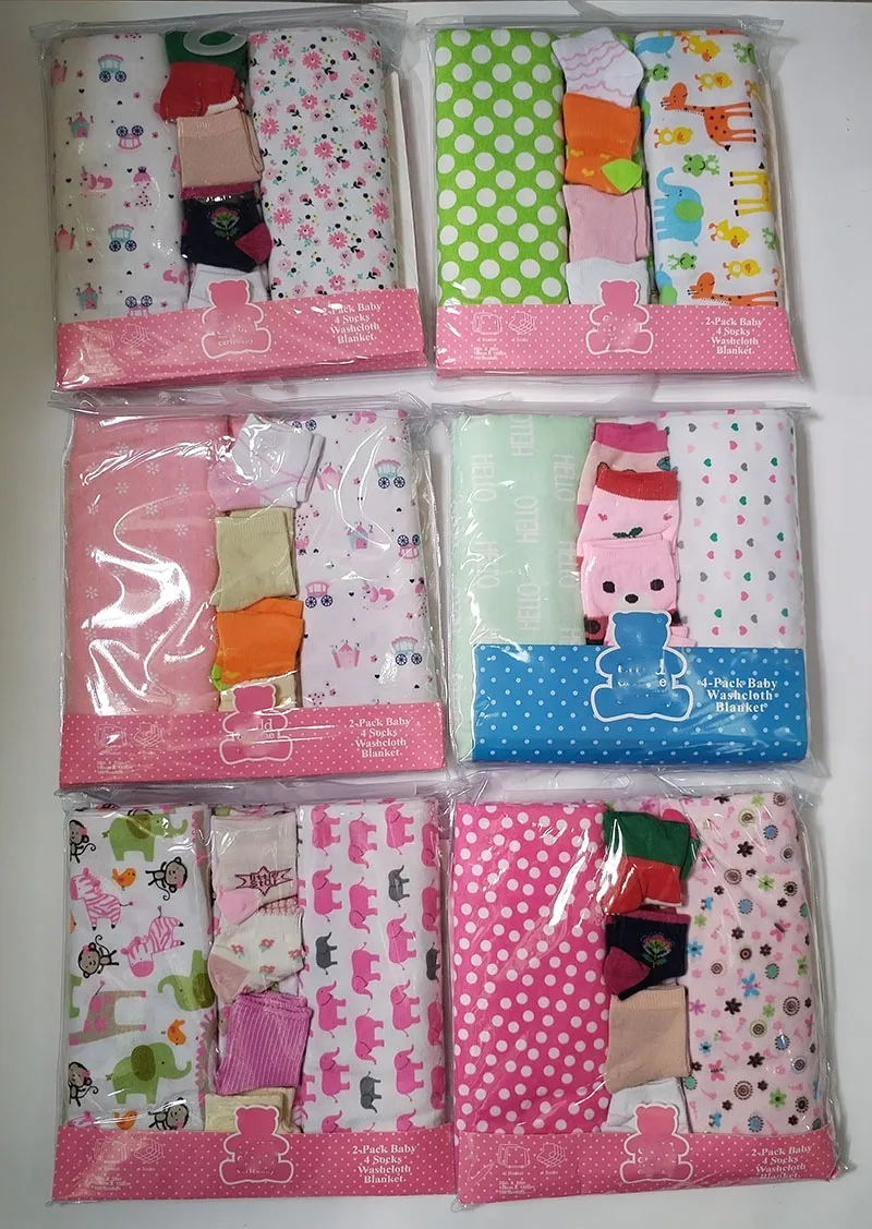 150*100 CM 2 Pcs Receiving Blanket with 4 Pairs Socks 100% Flannel Cotton Mixed Patterned Designs Baby Swaddle Blankets