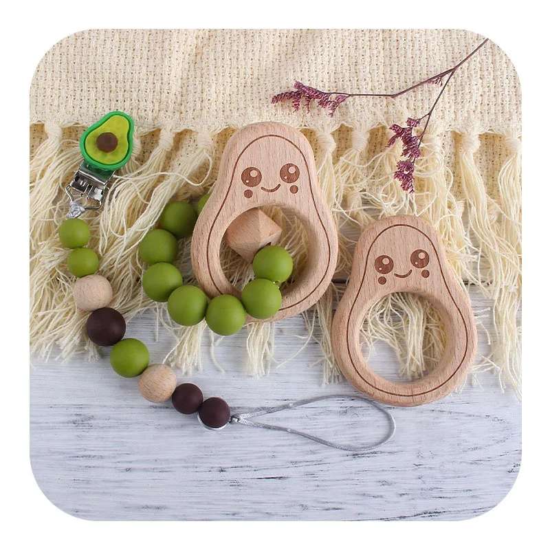 Wooden Teether Ring Pacifier Christmas Custom Sensory Crochet Baby Teether Silicone Beads Toy Wooden Silicone Baby Teethers