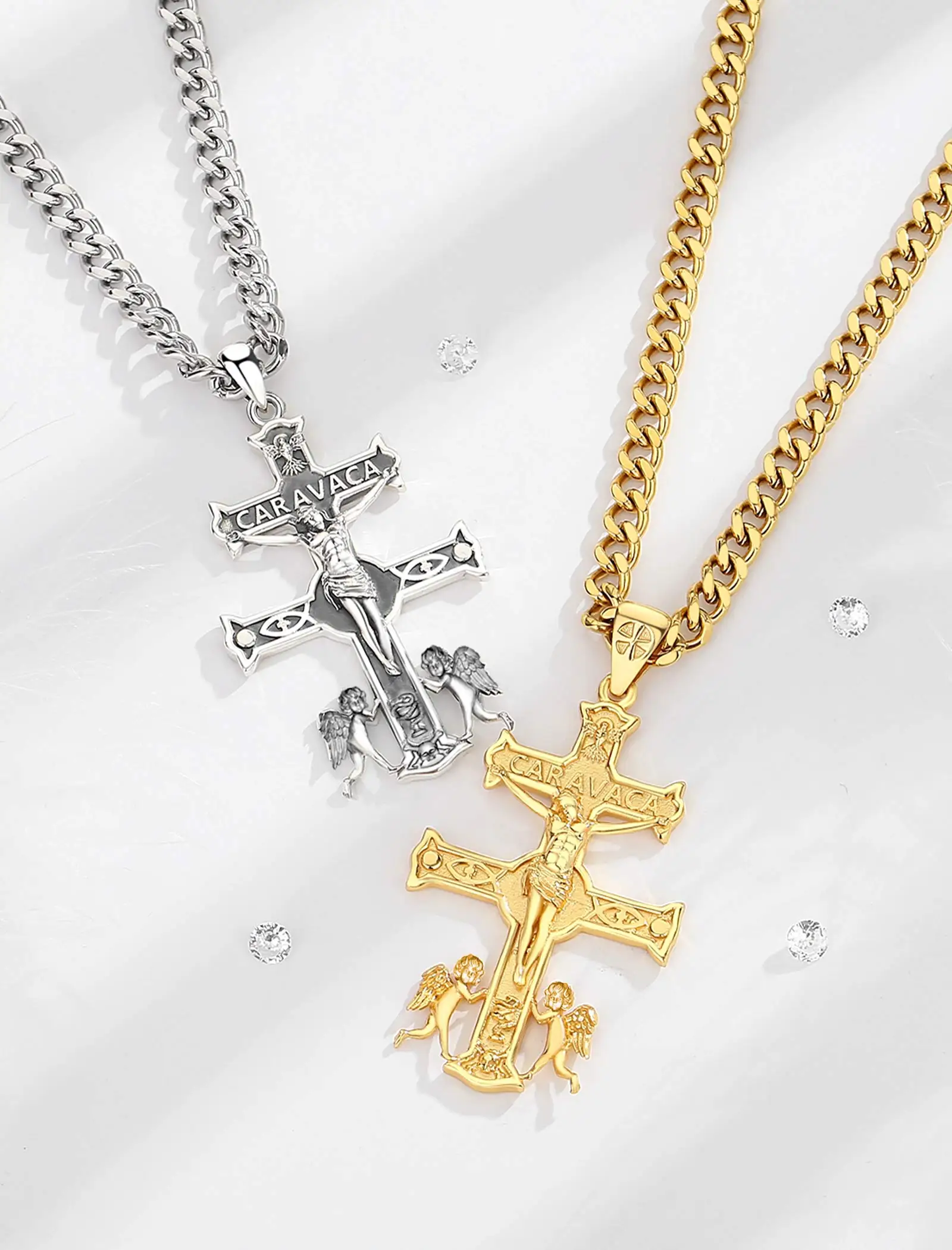 Merryshine Christian Amulet Religious Jewelry Jesus 925 Sterling Silver Double Cross Crucifix Caravaca Necklace for Men