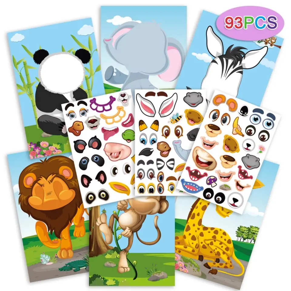 100 Pack Make Your Own Stickers for Kids with 25 Designs DIY Make Animal Face Stickers
