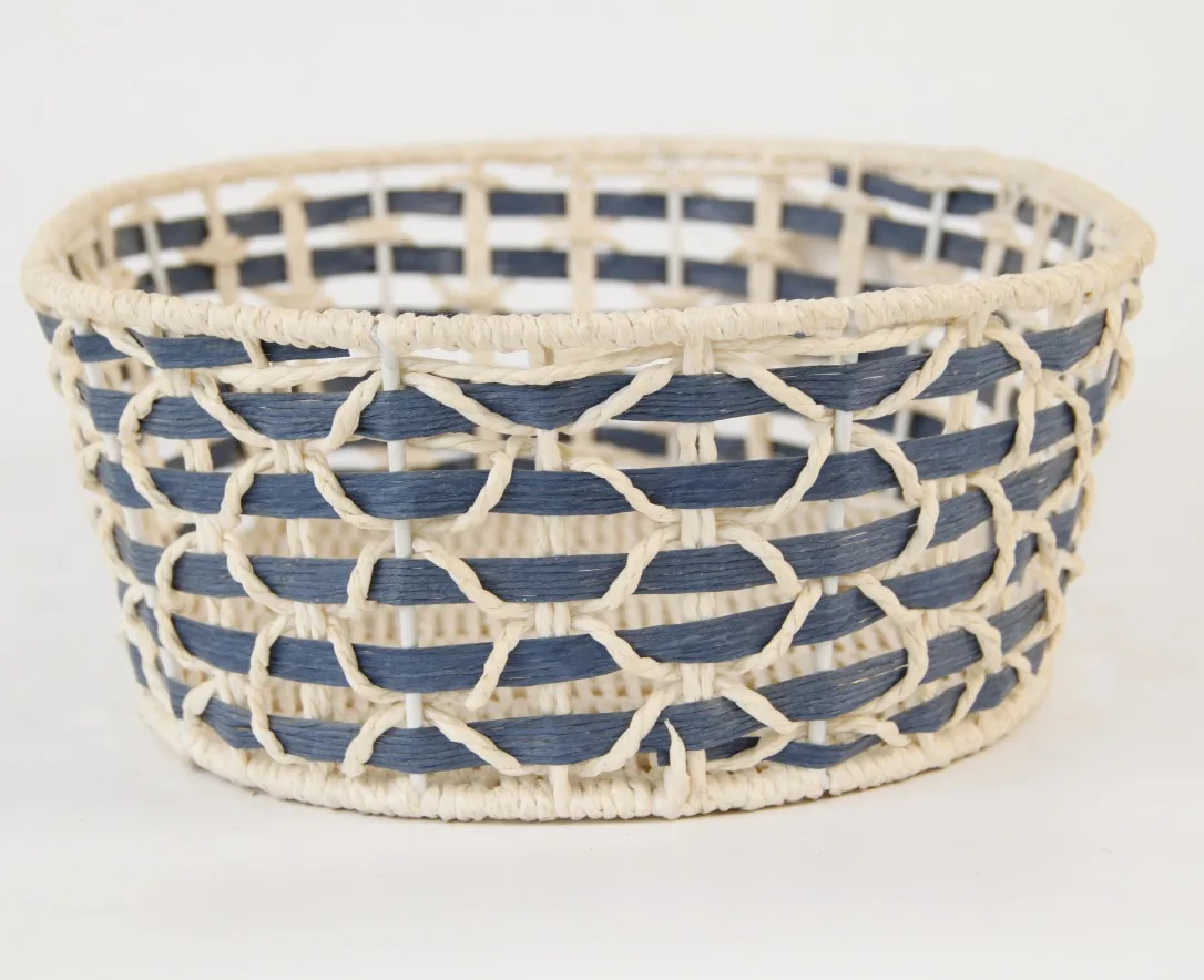 Customized Cream-colored Blue Paper Rope Iron Frame Oblong Storage Basket for Office