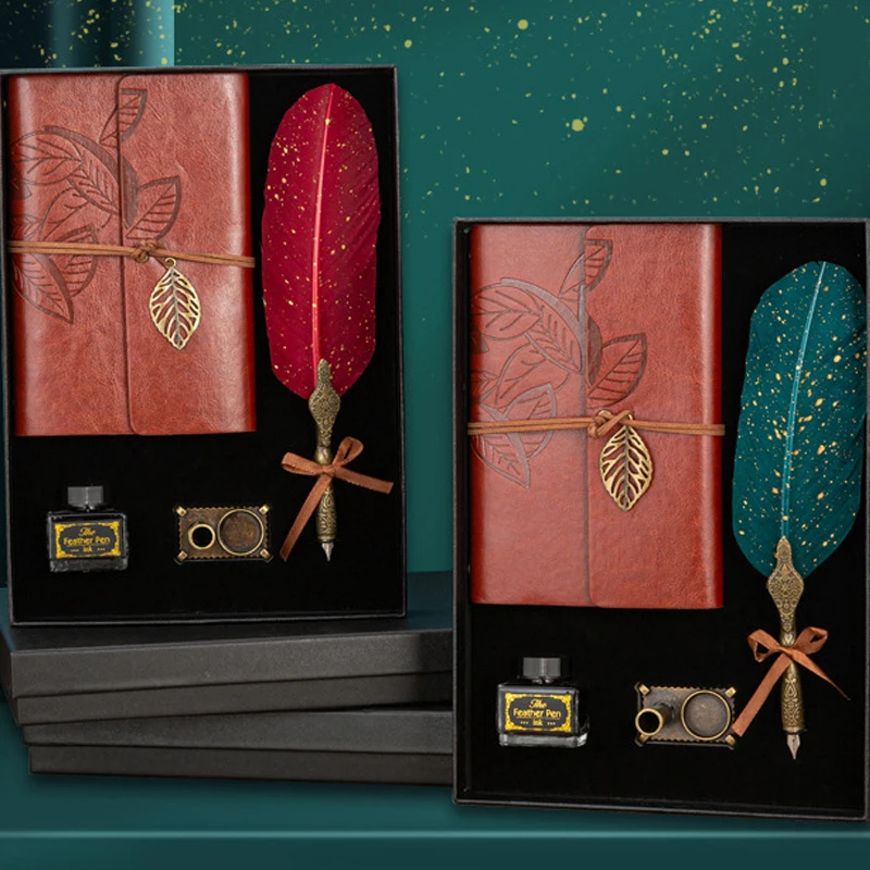 Metal Nibbed Calligraphy Pen Quill Pen Set Antique True Feather Fountain Pen With Notebook