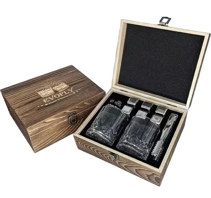 Whiskey Glass Gift Box with Custom Logo Gift Set in Luxury Wooden Box Wholesale Wooden Wine and  Wooden Whiskey Glass Set Gift