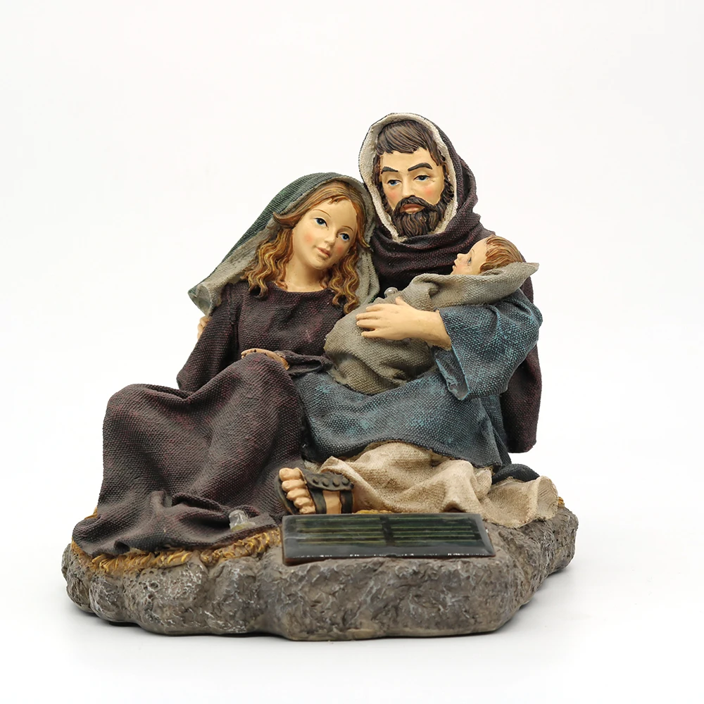 Resin Christmas religious holy family religious set polyresin statue with solar light