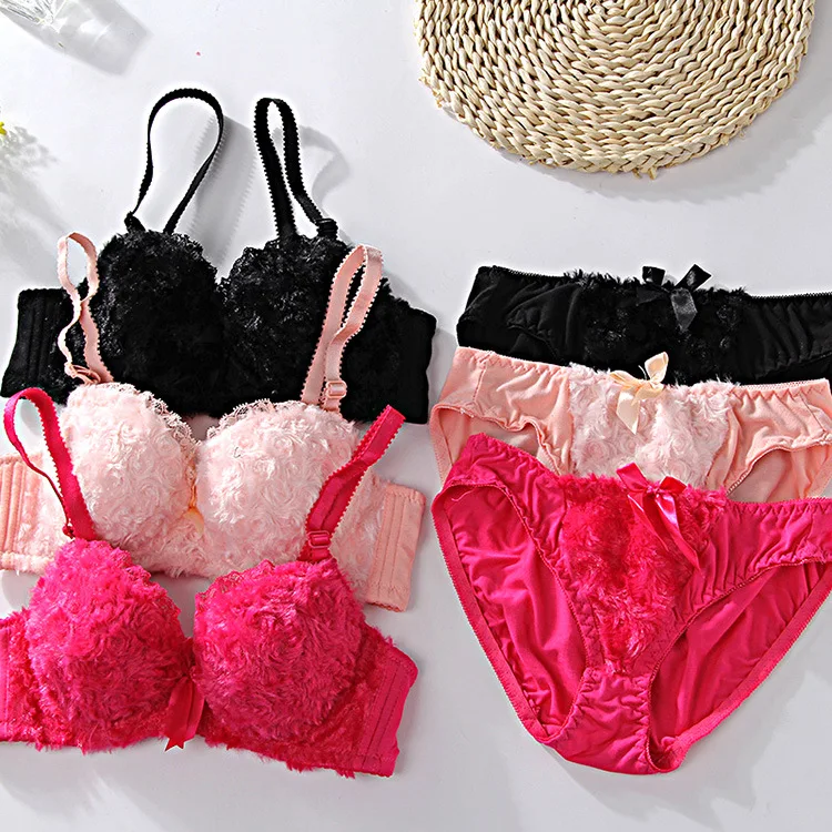 
Sexy Rose Plush Girl No Steel Ring Bow Tie Lace Bra Panty Set Woman Underwear 