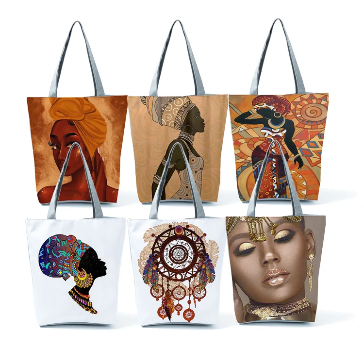 High quality women canvas polyester cotton black african woman tote bag with pockets black tote shopping bag