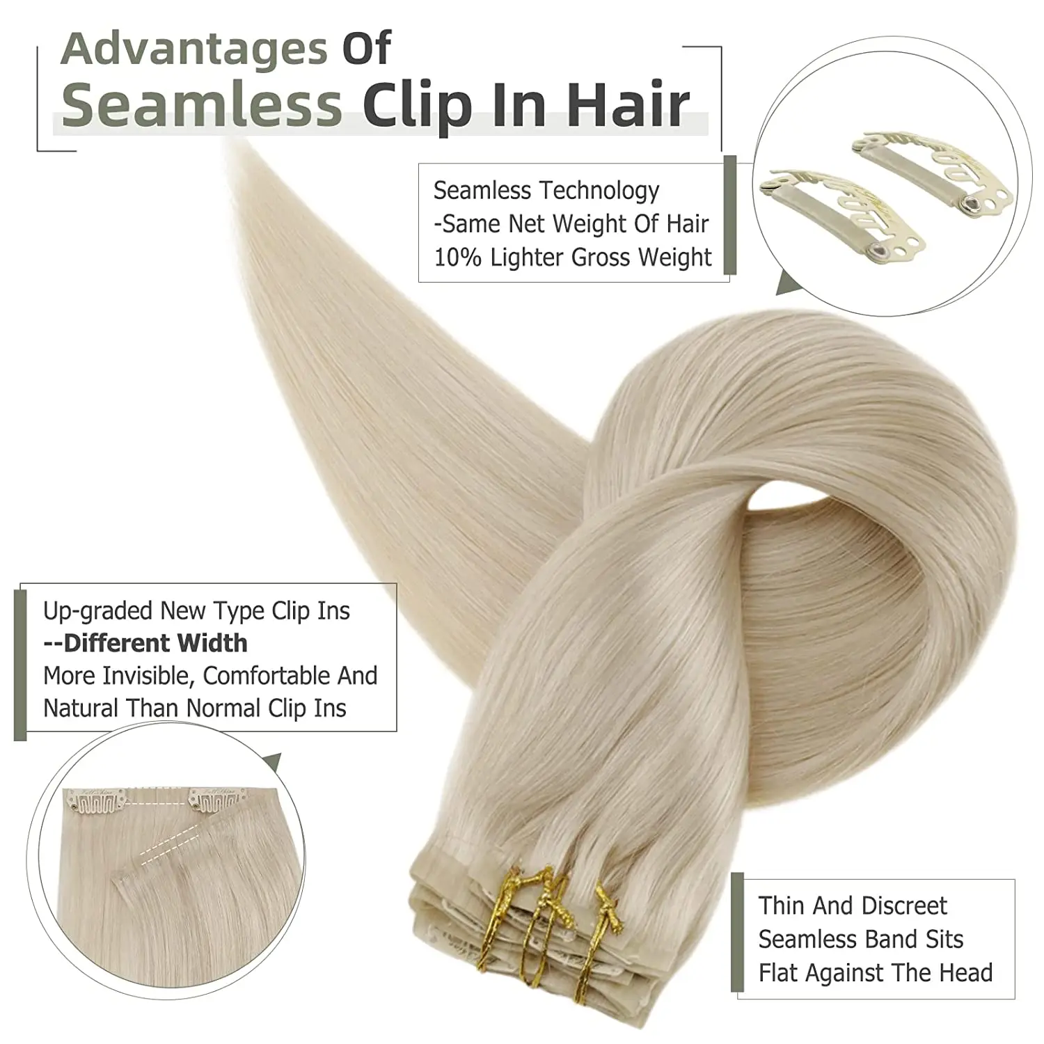 Full Shine PU Clip Hair extensions #60 Platinum Blonde Remy Human Hair Seamless Clip in Cambodian Human Hair Extensions