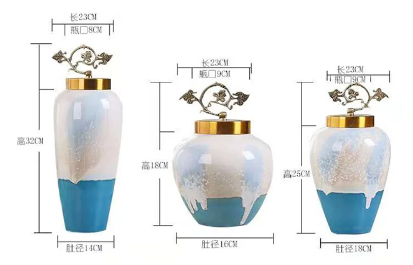 2022 Set of 3pcs Fashionable Jingdezhen  New Design Gradient  Color Glaze Decorative Porcelain Ceramic Vase Jar with Brass lid