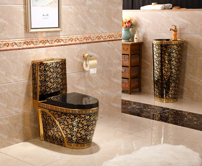 Vintage Luxury Royal Electroplate Color Porcelain Commode Toilet Bowl Set Ceramic Sanitary Ware One Piece Black And Gold Toilet