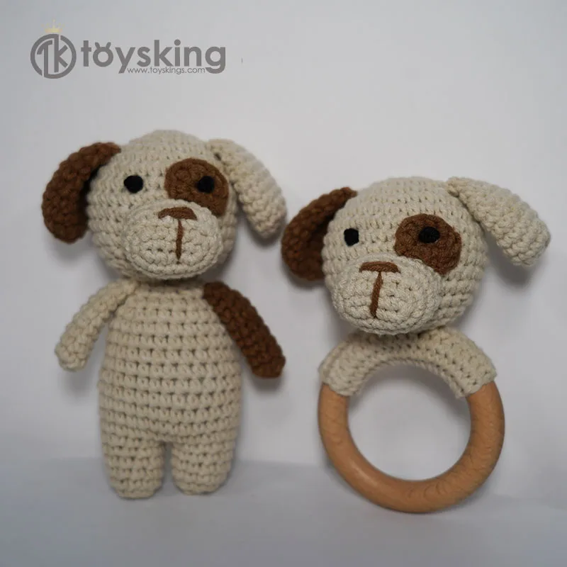 Infant Bath Cotton Muslin towel Customized Newborn Baby Wood Silicone Shower Gift Set 100% Handmade Crochet Puppy Dog Rattle