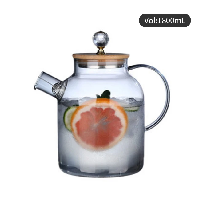 Cheap 1.8 liters Stovetop & Microwave Safe Glass Teapot with Removable Loose Tea Glass Infuser with wooden lid