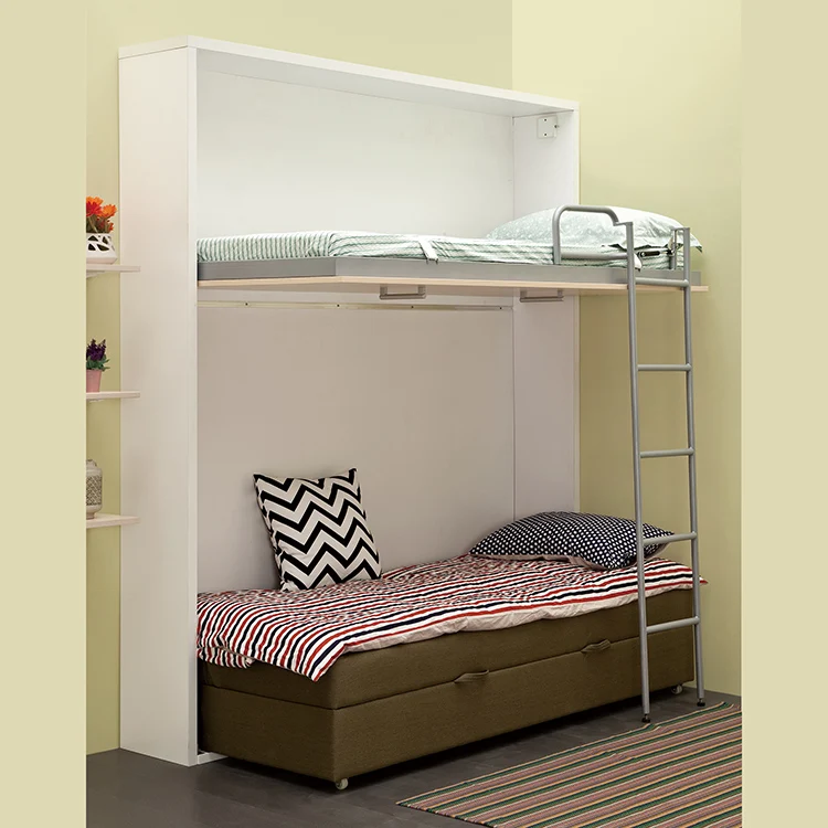 2020 Children wall mounted foldable save space smart wood beds wall bunk beds with sofa