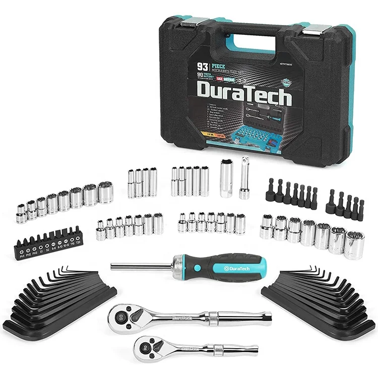 DURATECH 93pc Mechanics Tool Set SAE/ Metric Drive Socket Set(1/4 Inch and 3/8 Inch) with Ratchet handle Spark Plug Magnetic bit